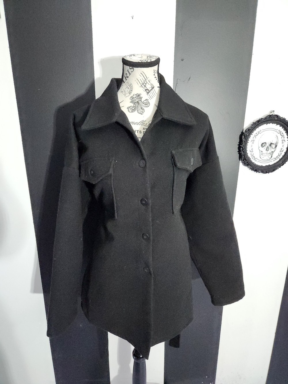 Shinestar Black Wool-Blend Button Front Pea Coat